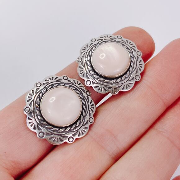 Signed Relios Carolyn Pollack Sterling Mother of Pearl MOP Clip On Earrings VTG - Picture 3 of 16